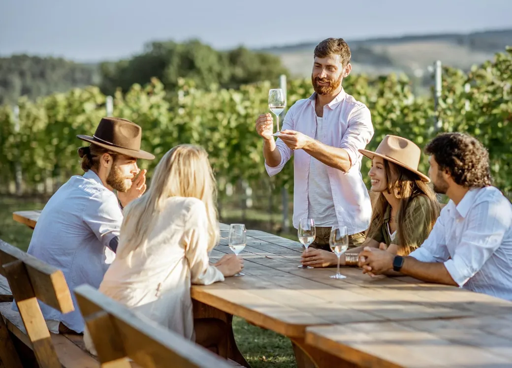 Stimmungsbild, Menschen im Weinberg bei einer Weinprobe