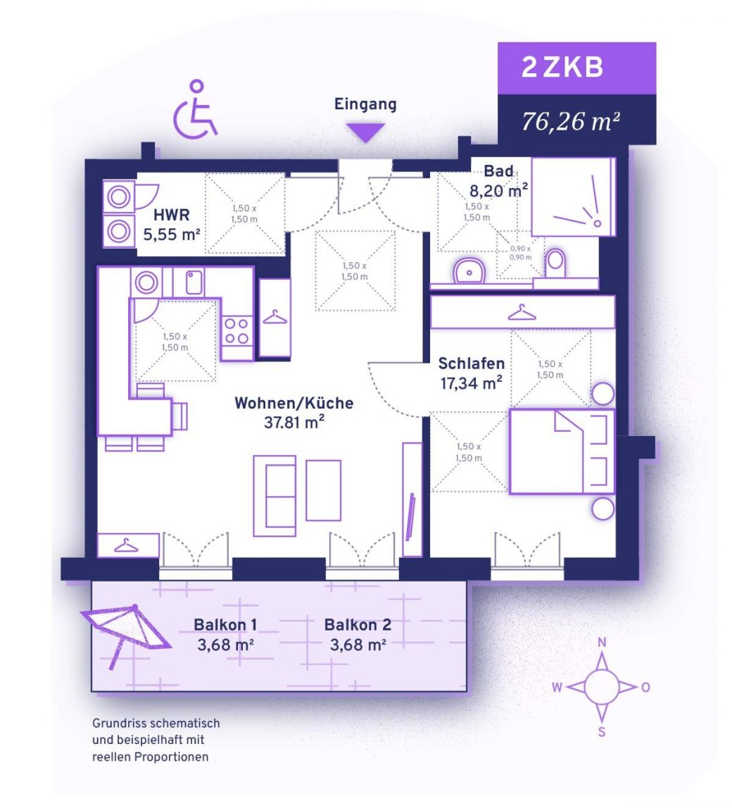 Grundriss für 2ZKB Rollstuhlgerecht